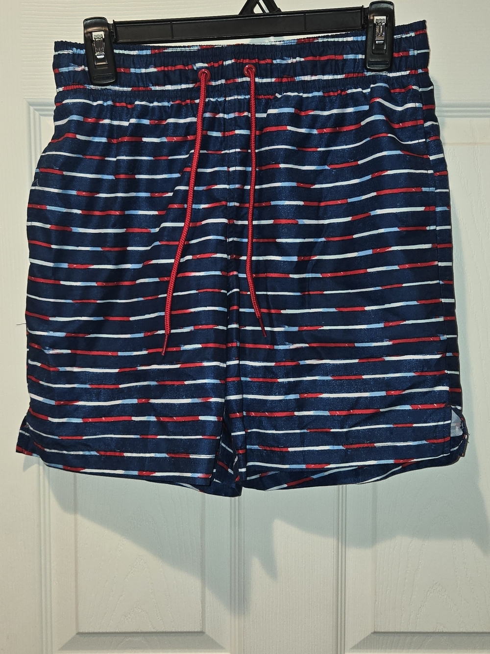 Men's Navy Striped Swim Trunks with Red Accents